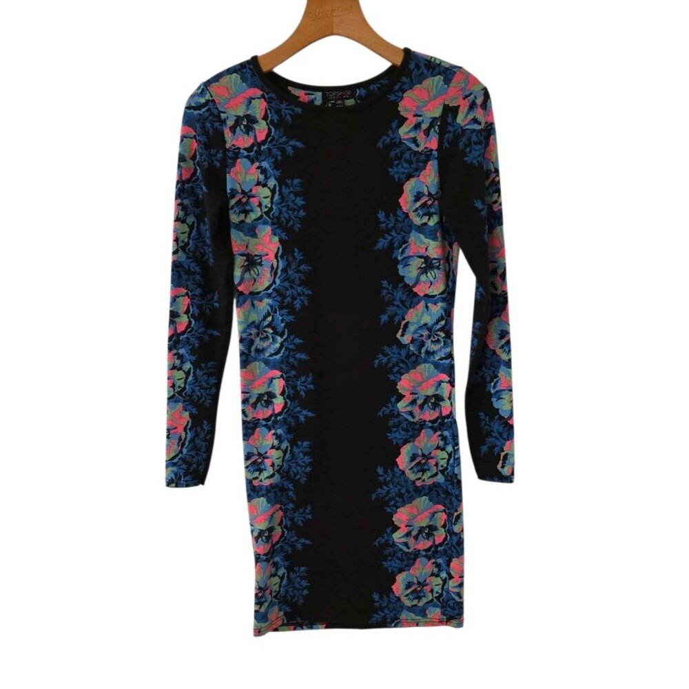 TopShop Bodycon Dress Floral Panel & Black Long Sleeve Tight Stretch Size 6